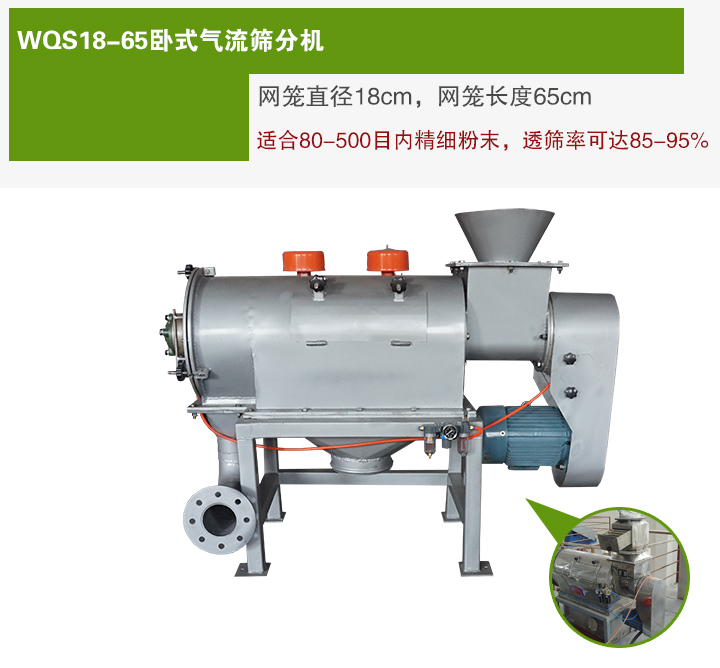 WQS18-65臥式氣流篩分機(jī)網(wǎng)籠直徑為18cm，網(wǎng)籠長度為65cm